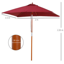 Outsunny Wooden Patio Umbrella Market Parasol Outdoor Sunshade 6 Ribs Wine Red - thumbnail 3