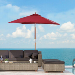 Outsunny Wooden Patio Umbrella Market Parasol Outdoor Sunshade 6 Ribs Wine Red - thumbnail 1