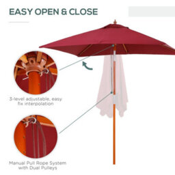 Outsunny Wooden Patio Umbrella Market Parasol Outdoor Sunshade 6 Ribs Wine Red - thumbnail 6