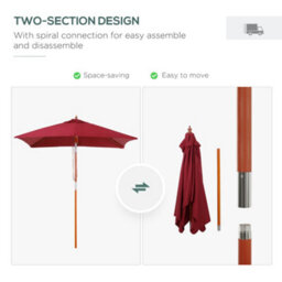 Outsunny Wooden Patio Umbrella Market Parasol Outdoor Sunshade 6 Ribs Wine Red - thumbnail 7
