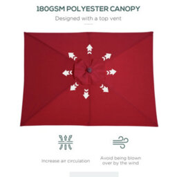 Outsunny Wooden Patio Umbrella Market Parasol Outdoor Sunshade 6 Ribs Wine Red - thumbnail 5