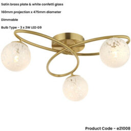 Loops Satin Brass Semi Flush Low Ceiling Light - White Confetti Multi Arm Glass - 3 X 3W Led G9 - thumbnail 2