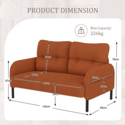 HomeTouch Modern Fabric Upholstered 2-Seater Double Sofa With Side Pockets & Armrests Orange Loveseat - thumbnail 8