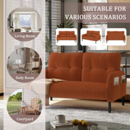 HomeTouch Modern Fabric Upholstered 2-Seater Double Sofa With Side Pockets & Armrests Orange Loveseat - thumbnail 5