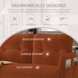 HomeTouch Modern Fabric Upholstered 2-Seater Double Sofa With Side Pockets & Armrests Orange Loveseat - thumbnail 4