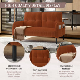 HomeTouch Modern Fabric Upholstered 2-Seater Double Sofa With Side Pockets & Armrests Orange Loveseat - thumbnail 6