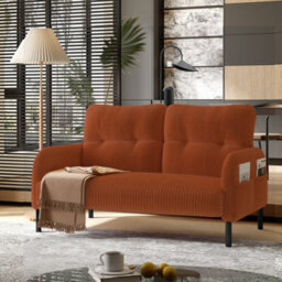 HomeTouch Modern Fabric Upholstered 2-Seater Double Sofa With Side Pockets & Armrests Orange Loveseat - thumbnail 2