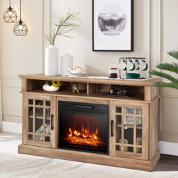 Costway Fireplace Tv Stand Set For 55 Inches W/ 2000W Electric Fireplace Insert-Natural - thumbnail 1