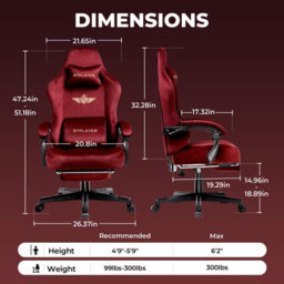 Gtplayer Fabric Gaming Chair, Ergonomic Height Adjustable Computer Chair With Footrest And Lumbar Support, Red - thumbnail 3