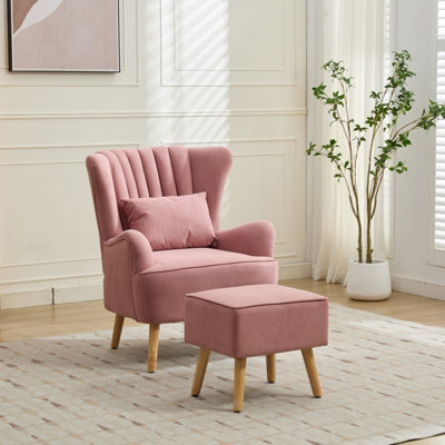 Living And Home Modern Pink Wingback Accent Chair Armchair With Footstool And Lumbar Pillow - image 1