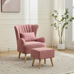 Living And Home Modern Pink Wingback Accent Chair Armchair With Footstool And Lumbar Pillow