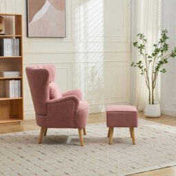 Living And Home Modern Pink Wingback Accent Chair Armchair With Footstool And Lumbar Pillow - thumbnail 2