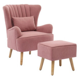 Living And Home Modern Pink Wingback Accent Chair Armchair With Footstool And Lumbar Pillow - thumbnail 3