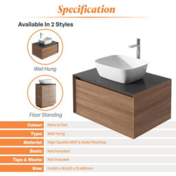 Plum&clay Matterhorn Oak Wall Hung Bathroom Vanity Unit With Black Countertop (W)600mm (H)450mm - thumbnail 4