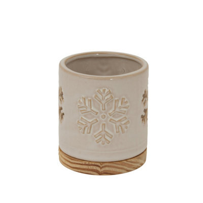 Alora Ceramic Snowflake Candle Holder On Wood Base - Winter Decor - image 1