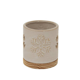 Alora Ceramic Snowflake Candle Holder On Wood Base - Winter Decor - thumbnail 1
