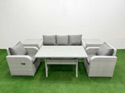 Fimous Pe Rattan Garden Furniture Set Reclining Chair Sofa Lounge Sofa Set Rectangular Dining Table 2 Side Table Light Grey - thumbnail 2