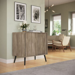Urbn-Living Urbnliving 2-Door Sliding Chest Cabinet Sideboard Oak Carcass Closet Storage Cupboard Organiser With Black Legs - thumbnail 3