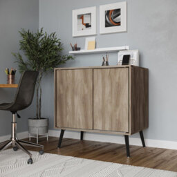 Urbn-Living Urbnliving 2-Door Sliding Chest Cabinet Sideboard Oak Carcass Closet Storage Cupboard Organiser With Black Legs - thumbnail 2