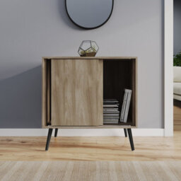 Urbn-Living Urbnliving 2-Door Sliding Chest Cabinet Sideboard Oak Carcass Closet Storage Cupboard Organiser With Black Legs - thumbnail 4