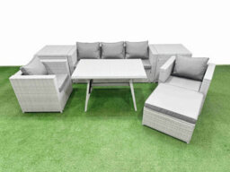 Fimous 8 Pieces Outdoor Pe Rattan Sofa Armchair Set Patio Garden Furniture Sets With Cushions 2 Side Tables Big Stool Light Grey - thumbnail 1