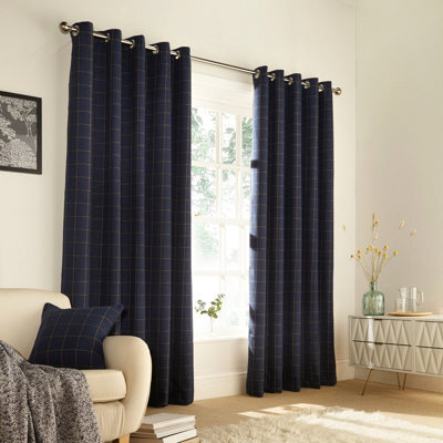 furn. Furn Ellis Check Room Darkening Eyelet Curtain Pair Navy (W)229Cm X (D)229Cm - image 1