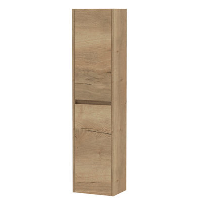 Nuie Havana Tall Wall Hung Unit 2-Door, Soft Close Handless Bathroom Storage Cabinet In Autumn Oak, 1433 X 350 X 255mm