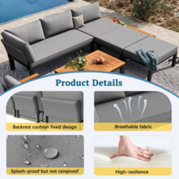 Fenchilin Garden Modular Sofa Set Armchair Stool Lounger With Wooden Coffee Table & Side Table - thumbnail 6