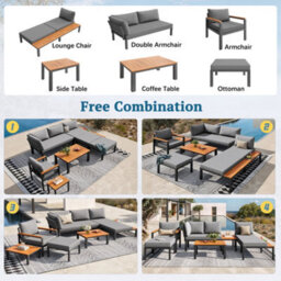 Fenchilin Garden Modular Sofa Set Armchair Stool Lounger With Wooden Coffee Table & Side Table - thumbnail 4