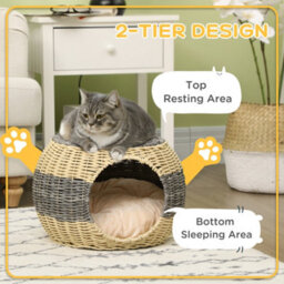 Pawhut Wicker Cat House, Rattan Raised Cat Bed With Soft Cushion, 40 X 30Cm - thumbnail 5