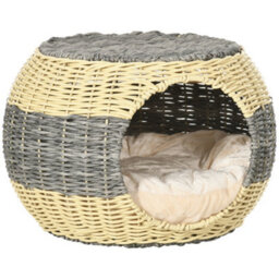Pawhut Wicker Cat House, Rattan Raised Cat Bed With Soft Cushion, 40 X 30Cm - thumbnail 2