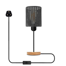Modern Wooden Stand Bedside Table Lamp With Metal Cage , On Off Switch Brushed Silver Lamp