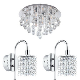 Stylish Low Ceiling Light With Matching Chrome And Crystal Wall Lights For Bathrooms