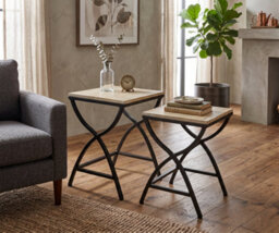 Kingwood Industrial Geometrical Frame Base Set Of 2 Metal And Wood Nested Tables - thumbnail 3