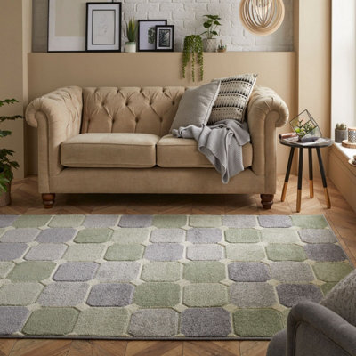 Modern Easy To Clean Chequered Geometric Green Rug For Dining Room-200Cm X 285Cm - image 1