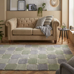 Modern Easy To Clean Chequered Geometric Green Rug For Dining Room-200Cm X 285Cm - thumbnail 1
