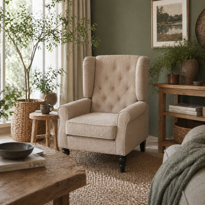 Wyld Haus Nobael Beige Retro Wingback Accent Chair - Diamond Button-Tufted Snow Flannel Upholstery - image 1