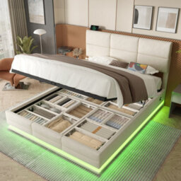 Abrihome 135X190Cm Modern Beige Velvet Bed - Adjustable Headboard, Usb/type-C Ports, Led Lighting, Hydraulic Lift & Extra-Large Storage - thumbnail 1
