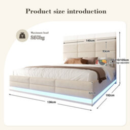 Abrihome 135X190Cm Modern Beige Velvet Bed - Adjustable Headboard, Usb/type-C Ports, Led Lighting, Hydraulic Lift & Extra-Large Storage - thumbnail 4