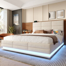 Abrihome 135X190Cm Modern Beige Velvet Bed - Adjustable Headboard, Usb/type-C Ports, Led Lighting, Hydraulic Lift & Extra-Large Storage - thumbnail 3