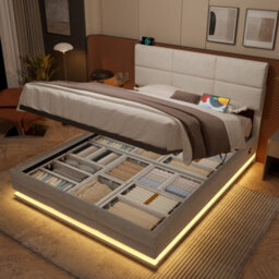 Abrihome 135X190Cm Modern Beige Velvet Bed - Adjustable Headboard, Usb/type-C Ports, Led Lighting, Hydraulic Lift & Extra-Large Storage - thumbnail 2