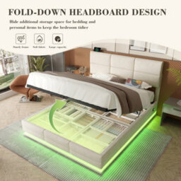 Abrihome 135X190Cm Modern Beige Velvet Bed - Adjustable Headboard, Usb/type-C Ports, Led Lighting, Hydraulic Lift & Extra-Large Storage - thumbnail 7
