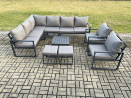 Fimous 10 Seater Aluminium Garden Furniture Set Outdoor Lounge Corner Sofa Chair Square Coffee Table Sets With Footstools - thumbnail 1