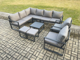 Fimous 10 Seater Aluminium Garden Furniture Set Outdoor Lounge Corner Sofa Chair Square Coffee Table Sets With Footstools - thumbnail 2