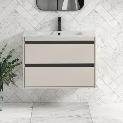 Royal Bathrooms Orion 800mm Warm Taupe 2 Drawer Wall Hung Bathroom Vanity Unit With Carrara White Basin & Black Accent Trim - image 1