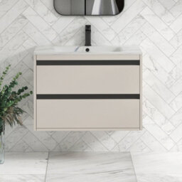 Royal Bathrooms Orion 800mm Warm Taupe 2 Drawer Wall Hung Bathroom Vanity Unit With Carrara White Basin & Black Accent Trim - thumbnail 1