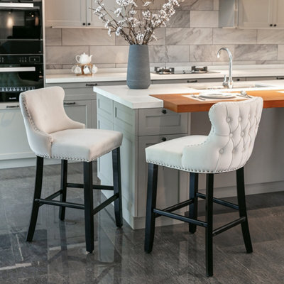HomeTouch Set Of 2 Beige Velvet Upholstered Bar Stools With Wood Legs - image 1