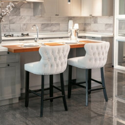 HomeTouch Set Of 2 Beige Velvet Upholstered Bar Stools With Wood Legs - thumbnail 2