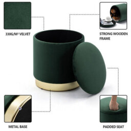 Hnnhome 37Cm Round Dark Green Velvet Ottoman Storage Box With Lid,pouffe Seat Chair,bedroom Dressing Stool With Gold Plating Base - thumbnail 2