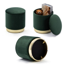 Hnnhome 37Cm Round Dark Green Velvet Ottoman Storage Box With Lid,pouffe Seat Chair,bedroom Dressing Stool With Gold Plating Base - thumbnail 5